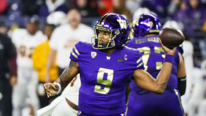 Oct 21, 2023; Seattle, Washington, USA; Washington Huskies quarterback Michael Penix Jr. (9) passes against the Arizona State Sun Devils during the second quarter at Alaska Airlines Field at Husky Stadium. Mandatory Credit: Joe Nicholson-USA TODAY Sports