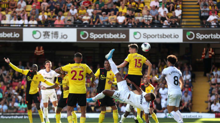 WATFORD, ENGLAND - AUGUST 24: Sebastien Haller of West Ham United scores his team's third goal during the Premier League match between Watford FC and West Ham United at Vicarage Road on August 24, 2019 in Watford, United Kingdom. (Photo by Christopher Lee/Getty Images)