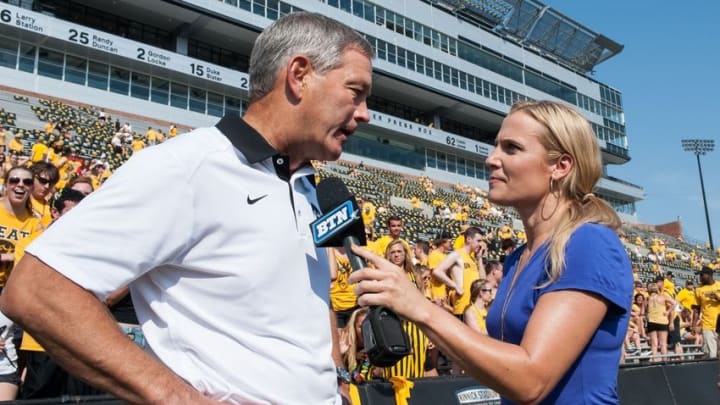 Sep 5, 2015; Iowa City, IA, USA; Iowa Hawkeyes head coach Kirk Ferentz (L) speaks to the media prior to the game against the Illinois State Redbirds at Kinnick Stadium. Mandatory Credit: Jeffrey Becker-USA TODAY Sports