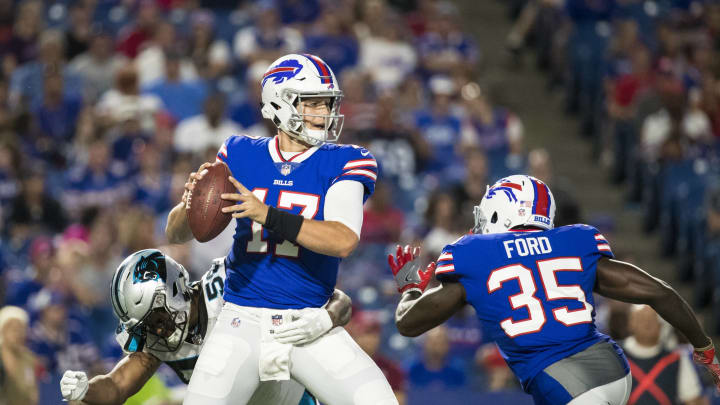 ORCHARD PARK, NY – AUGUST 09: Jermaine Carter #56 of the Carolina Panthers sacks Josh Allen #17 of the Buffalo Bills during the second half at New Era Field on August 9, 2018 in Orchard Park, New York. Carolina defeats Buffalo in the preseason game 28-23. (Photo by Brett Carlsen/Getty Images)