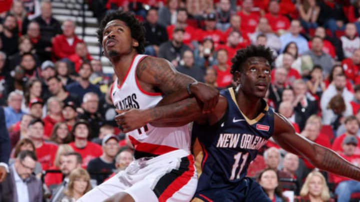 PORTLAND, OR – APRIL 17: Ed Davis #17 of the Portland Trail Blazers battles for position against Jrue Holiday #11 of the New Orleans Pelicans in Game Two of Round One of the 2018 NBA Playoffs on April 17, 2018 at the Moda Center in Portland, Oregon. NOTE TO USER: User expressly acknowledges and agrees that, by downloading and or using this Photograph, user is consenting to the terms and conditions of the Getty Images License Agreement. Mandatory Copyright Notice: Copyright 2018 NBAE (Photo by Sam Forencich/NBAE via Getty Images)