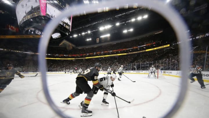 LAS VEGAS, NV - JANUARY 09: Vegas Golden Knights right wing Alex Tuch (89) battles Los Angeles Kings defenseman Sean Walker (26) for control of the puck during a regular season game Thursday, Jan. 9, 2020, at T-Mobile Arena in Las Vegas, Nevada. (Photo by: Marc Sanchez/Icon Sportswire via Getty Images)
