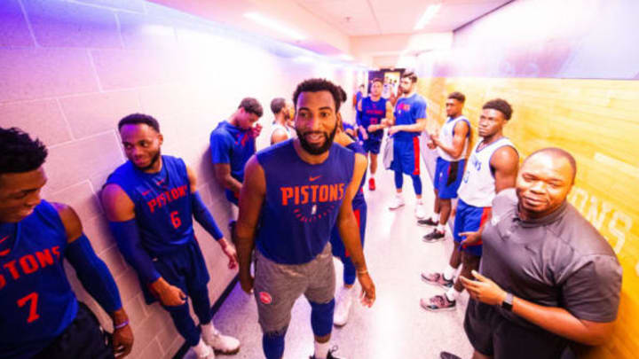 ANN ARBOR, MI – SEPTEMBER 29: Andre Drummond #0 of the Detroit Pistons looks on during their open practice at Crisler Arena on September 29, 2018 in Ann Arbor, Michigan. NOTE TO USER: User expressly acknowledges and agrees that, by downloading and or using this photograph, User is consenting to the terms and conditions of the Getty Images License Agreement. Mandatory Copyright Notice: Copyright 2018 NBAE (Photo by Chris Schwegler/NBAE via Getty Images)