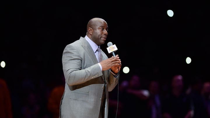 Apr 13, 2016; Los Angeles, CA, USA; Los Angeles Lakers former player Magic Johnson introduces Lakers forward Kobe Bryant (not pictured) before a game against the Utah Jazz at Staples Center. Bryant concludes his 20-year NBA career tonight. Mandatory Credit: Robert Hanashiro-USA TODAY Sports