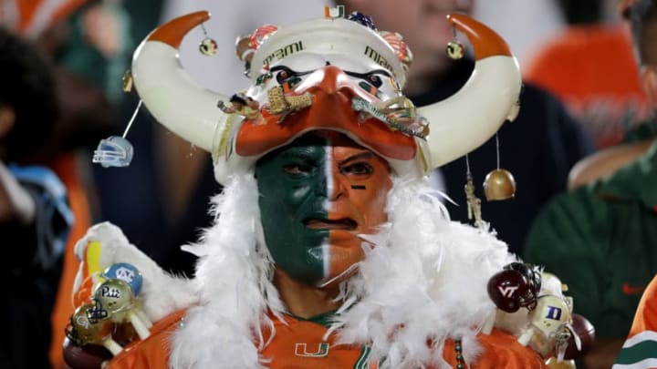 DURHAM, NC - SEPTEMBER 29: Fans of the Miami Hurricanes watch on against the Duke Blue Devils during their game at Wallace Wade Stadium on September 29, 2017 in Durham, North Carolina. (Photo by Streeter Lecka/Getty Images)