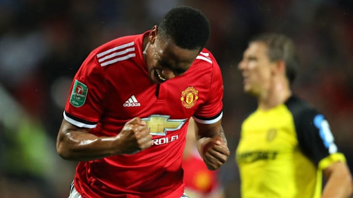 MANCHESTER, ENGLAND - SEPTEMBER 20: Anthony Martial of Manchester United celebrates scoring his sides fourth goal during the Carabao Cup Third Round match between Manchester United and Burton Albion at Old Trafford on September 20, 2017 in Manchester, England. (Photo by Richard Heathcote/Getty Images)