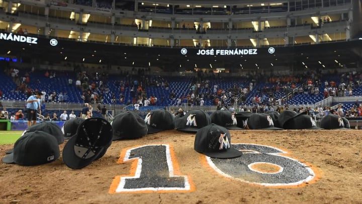 Sep 26, 2016; Miami, FL, USA; Hats of the Miami Marlins lay on the pitchers mound after the game to honor teammate starting pitcher Jose Fernandez at Marlins Park. Mandatory Credit: Jasen Vinlove-USA TODAY Sports