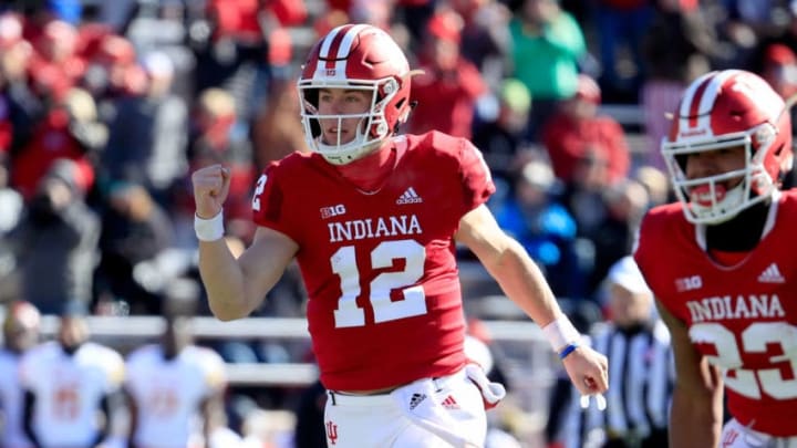 BLOOMINGTON, IN - NOVEMBER 10: Peyton Ramsey #12 of the Indiana Hoosiers celebrates after throwing a touchdown pass against the Maryland Terapins at Memorial Stadium on November 10, 2018 in Bloomington, Indiana. (Photo by Andy Lyons/Getty Images)