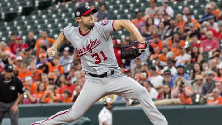BALTIMORE, MD - MAY 30: Washington Nationals starting pitcher Max Scherzer (31) in his wind up during a MLB game on May 30, 2018, between the Baltimore Orioles and the Washington Nationals, at Oriole Park at Camden Yards, in Baltimore, Maryland.The Nationals defeated the Orioles 2-0.(Photo by Tony Quinn/Icon Sportswire via Getty Images)