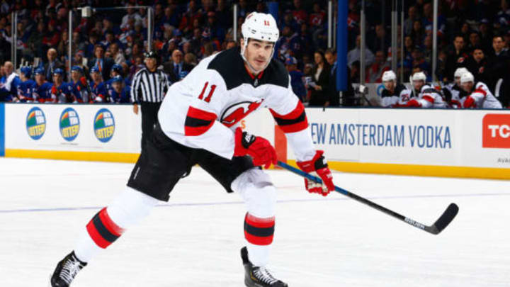 UNIONDALE, NY – JANUARY 17: Brian Boyle #11 of the New Jersey Devils skates against the New York Islanders at Nassau Veterans Memorial Coliseum on January 17, 2019 in Uniondale, New York. New York Islanders defeated the New Jersey Devils 4-1. (Photo by Mike Stobe/NHLI via Getty Images)