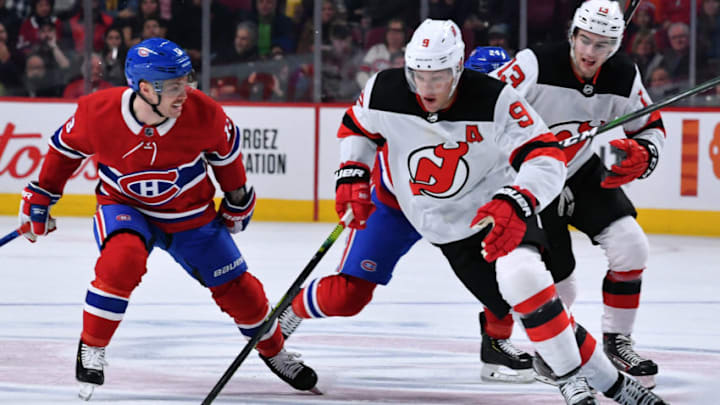 MONTREAL, QC - NOVEMBER 16: Taylor Hall #9 of the New Jersey Devils skates with the puck against the Montreal Canadiens in the NHL game at the Bell Centre on November 16, 2019 in Montreal, Quebec, Canada. (Photo by Francois Lacasse/NHLI via Getty Images)