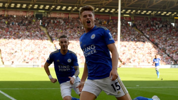 SHEFFIELD, ENGLAND - AUGUST 24: Harvey Barnes of Leicester celebrates after scoring the winning goal during the Premier League match between Sheffield United and Leicester City at Bramall Lane on August 24, 2019 in Sheffield, United Kingdom. (Photo by Ross Kinnaird/Getty Images)