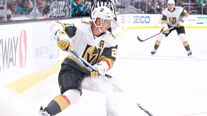 SAN JOSE, CA – SEPTEMBER 21: Vegas Golden Knights center Cody Eakin (21) carries the puck during the San Jose Sharks game versus the Vegas Golden Knights on September 21, 2019, at SAP Center at San Jose in San Jose, CA.” (Photo by Matt Cohen/Icon Sportswire via Getty Images)