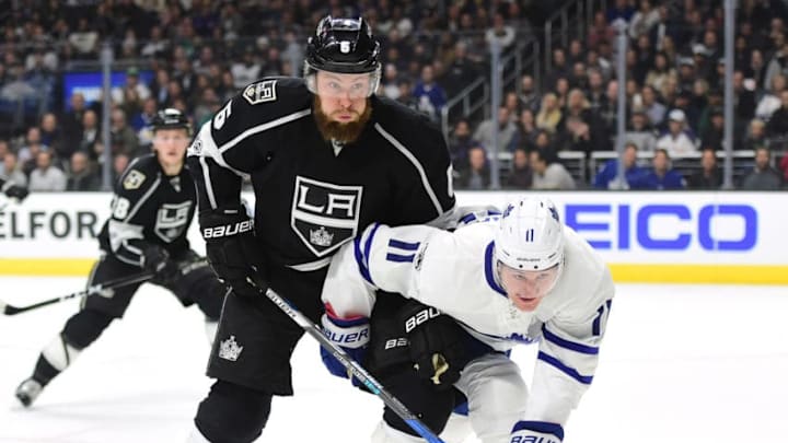 LOS ANGELES, CA - MARCH 02: Zach Hyman #11 of the Toronto Maple Leafs chases after a puck to the corner with Jake Muzzin #6 of the Los Angeles Kings during the first period at Staples Center on March 2, 2017 in Los Angeles, California. (Photo by Harry How/Getty Images)