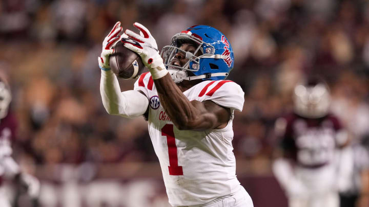 Oct 29, 2022; College Station, Texas, USA; Mississippi Rebels wide receiver Jonathan Mingo (1) catches a pass against the Texas A&M Aggies in the second half at Kyle Field. Mandatory Credit: Daniel Dunn-USA TODAY Sports