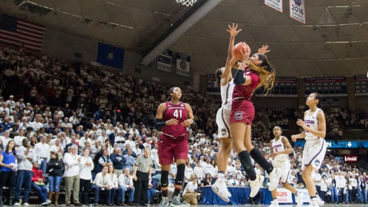 STORRS, CT – FEBRUARY 13: South Carolina’s Forward A’ja Wilson (22) goes to the basket around UConn Huskies Guard Gabby Williams (15) during the second half of a women’s division 1 basketball game between 6th ranked University of South Carolina and Connecticut.