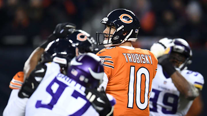 CHICAGO, IL - NOVEMBER 18: Quarterback Mitchell Trubisky #10 of the Chicago Bears looks to pass the football in the third quarter against the Minnesota Vikings at Soldier Field on November 18, 2018 in Chicago, Illinois. (Photo by Stacy Revere/Getty Images)