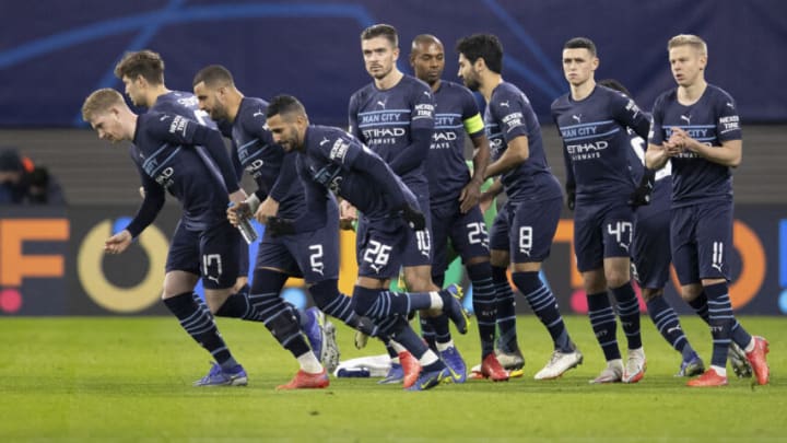 LEIPZIG, GERMANY - DECEMBER 07: Players of Manchester City during the UEFA Champions League group A match between RB Leipzig and Manchester City at Red Bull Arena on December 07, 2021 in Leipzig, Germany. (Photo by Maja Hitij/Getty Images)