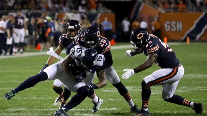 CHICAGO, IL – SEPTEMBER 17: Prince Amukamara #20 of the Chicago Bears tackles Brandon Marshall #15 of the Seattle Seahawks in the first half at Soldier Field on September 17, 2018 in Chicago, Illinois. (Photo by Jonathan Daniel/Getty Images)