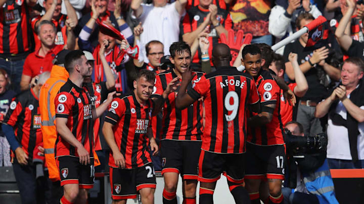 BOURNEMOUTH, ENGLAND - APRIL 22: Charlie Daniels of AFC Bournemouth celebrates scoring his sides fourth goal with team mates during the Premier League match between AFC Bournemouth and Middlesbrough at the Vitality Stadium on April 22, 2017 in Bournemouth, England. (Photo by Warren Little/Getty Images)