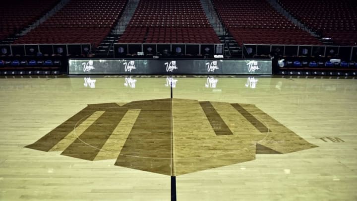 LAS VEGAS, NEVADA - MARCH 16: The Mountain West Conference logo is seen before the championship game of the Mountain West Conference basketball tournament between the Utah State Aggies and the San Diego State Aztecs at the Thomas & Mack Center on March 16, 2019 in Las Vegas, Nevada. (Photo by David Becker/Getty Images)