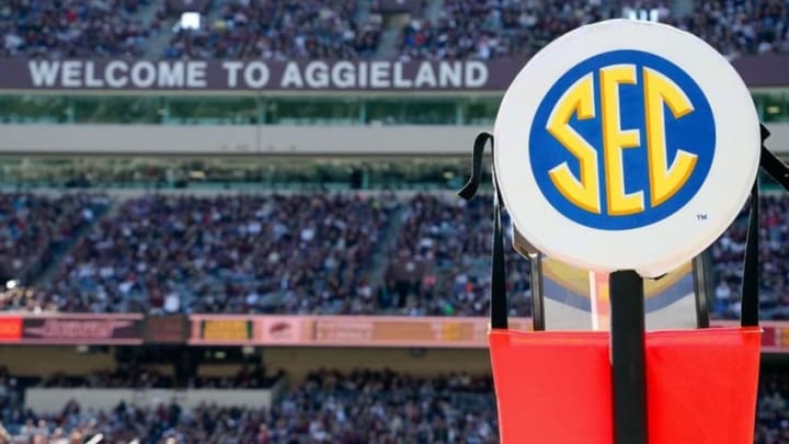 Nov 1, 2014; College Station, TX, USA; The "SEC" logo on the chains and west stands at Kyle field during the fourth quarter of a game between the Texas A&M Aggies and the Louisiana Monroe Warhawks. Texas A&M Aggies won 21-16. Mandatory Credit: Ray Carlin-USA TODAY Sports