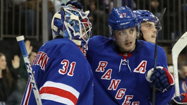 NEW YORK, NEW YORK - FEBRUARY 22: Igor Shesterkin #31 and Jesper Fast #17 of the New York Rangers celebrate their 3-2 victory over the San Jose Sharks at Madison Square Garden on February 22, 2020 in New York City. (Photo by Bruce Bennett/Getty Images)