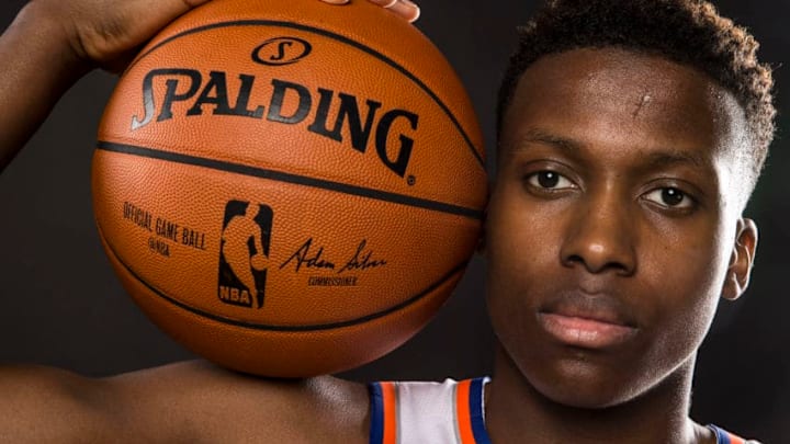 WHITE PLAINS, NY - SEPTEMBER 25: Frank Ntilikina #11of the New York Knicks is photographed at New York Knicks Media Day on September 25, 2017 in Greenburgh, New York. (Photo by Jeff Zelevansky/Getty Images)