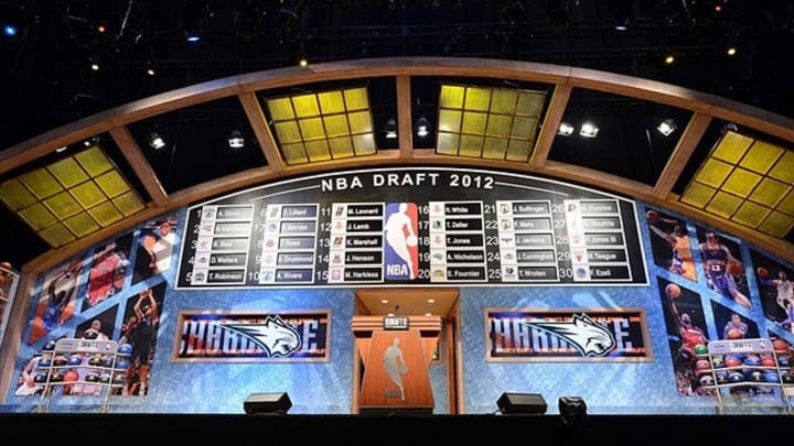 A general view of the first round draft board at the conclusion of the first round of the 2012 NBA Draft at the Prudential Center. This year’s draft is being held in Brooklyn. Mandatory Credit: Jerry Lai-USA TODAY Sports