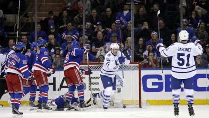 Nov 15, 2015; New York, NY, USA; Toronto Maple Leafs right wing Joffrey Lupul (19) celebrates scoring a goal against the New York Rangers during the second period of an NHL hockey game at Madison Square Garden. Mandatory Credit: Adam Hunger-USA TODAY Sports