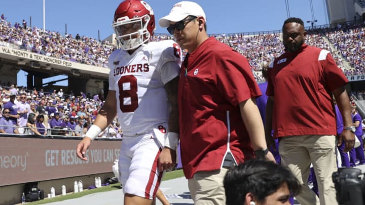 Oct 1, 2022; Fort Worth, Texas, USA; Oklahoma Sooners quarterback Dillon Gabriel (8) heads to the locker room during the first half against the TCU Horned Frogs at Amon G. Carter Stadium. Mandatory Credit: Kevin Jairaj-USA TODAY Sports