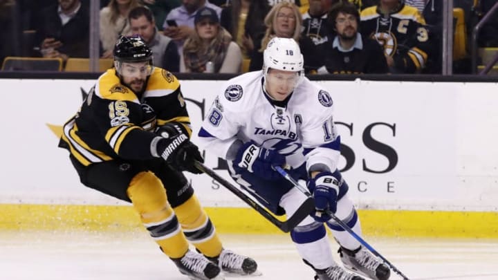 BOSTON, MA - APRIL 04: Tampa Bay Lightning left wing Ondrej Palat (18)skates away from Boston Bruins right wing Drew Stafford (19) during a regular season NHL game between the Boston Bruins and the Tampa Bay Lightning on April 4, 2017, at TD Garden in Boston, Massachusetts. The Bruins defeated the Lightning 4-0. (Photo by Fred Kfoury III/Icon Sportswire via Getty Images)
