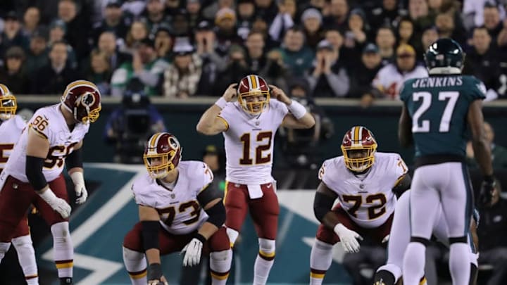 PHILADELPHIA, PA - DECEMBER 03: Quarterback Colt McCoy #12 of the Washington Redskins calls a play against the Philadelphia Eagles in the first quarter at Lincoln Financial Field on December 3, 2018 in Philadelphia, Pennsylvania. (Photo by Elsa/Getty Images)
