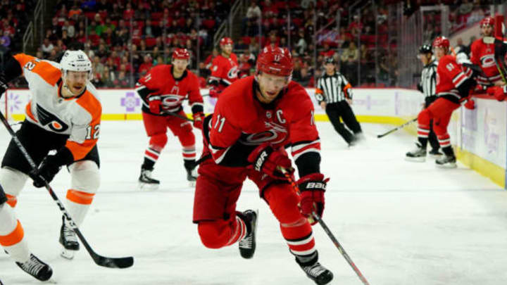 RALEIGH, NC – NOVEMBER 21: Jordan Staal #11 of the Carolina Hurricanes skates with the puck during an NHL game against the Philadelphia Flyers on November 21, 2019 at PNC Arena in Raleigh, North Carolina. (Photo by Gregg Forwerck/NHLI via Getty Images)