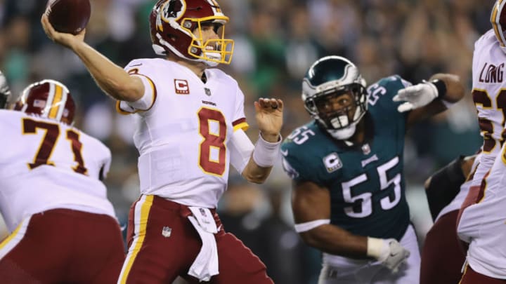 PHILADELPHIA, PA - OCTOBER 23: Quarterback Kirk Cousins #8 of the Washington Redskins throws on the third down against the Philadelphia Eagles during the second half of the game at Lincoln Financial Field on October 23, 2017 in Philadelphia, Pennsylvania. (Photo by Elsa/Getty Images)