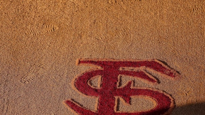 OKLAHOMA CITY, OK - JUNE 05: The Florida State logo is displayed during game twogame two of the Division I Women's Softball Championship held at USA Softball Hall of Fame Stadium - OGE Energy Field on June 4, 2018 in Oklahoma City, Oklahoma. Florida State defeated Washington 8-3 to win the national championship. (Photo by Shane Bevel/NCAA Photos via Getty Images)