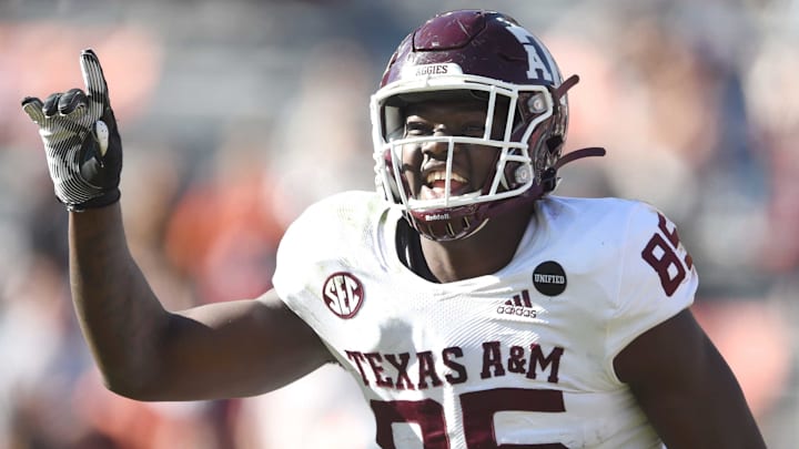 Texas A&M tight end Jalen Wydermyer (85) celebrates a touchdown at Jordan-Hare Stadium in Auburn, Ala., on Saturday, Dec. 5, 2020.Auburn Texas A M