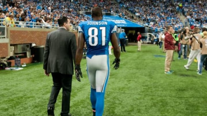 Oct 5, 2014; Detroit, MI, USA; Detroit Lions wide receiver Calvin Johnson (81) leaves the field during the third quarter against the Buffalo Bills at Ford Field. Mandatory Credit: Tim Fuller-USA TODAY Sports