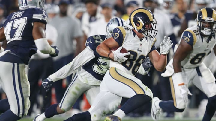 LOS ANGELES, CALIFORNIA - AUGUST 13: Wide receiver Nelson Spruce #86 of the Los Angeles Rams carries the ball against the Dallas Cowboys at the Los Angeles Coliseum during preseason on August 13, 2016 in Los Angeles, California. (Photo by Stephen Dunn/Getty Images) LOS ANGELES, CALIFORNIA - AUGUST 13: Wide receiver Nelson Spruce #86 of the Los Angeles Rams carries the ball against the Dallas Cowboys at the Los Angeles Coliseum during preseason on August 13, 2016 in Los Angeles, California. (Photo by Stephen Dunn/Getty Images)