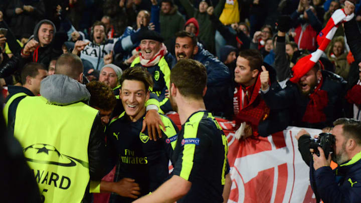 Mesut Ozil celebrating with Arsenal fans after scores a goal during theUEFA Champions League Group A football match between PFC Ludogorets 2:3 Arsenal at the Vasil Levski stadium on November 01, 2016 in Sofia, Bulgaria. (Photo by Hristo Rusev/NurPhoto via Getty Images)