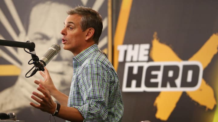 Feb 1, 2016; San Francisco, CA, USA; Radio personality Colin Cowherd broadcasts on radio row at the Moscone Center in advance of Super Bowl 50 between the Carolina Panthers and the Denver Broncos. Mandatory Credit: Jerry Lai-USA TODAY Sports