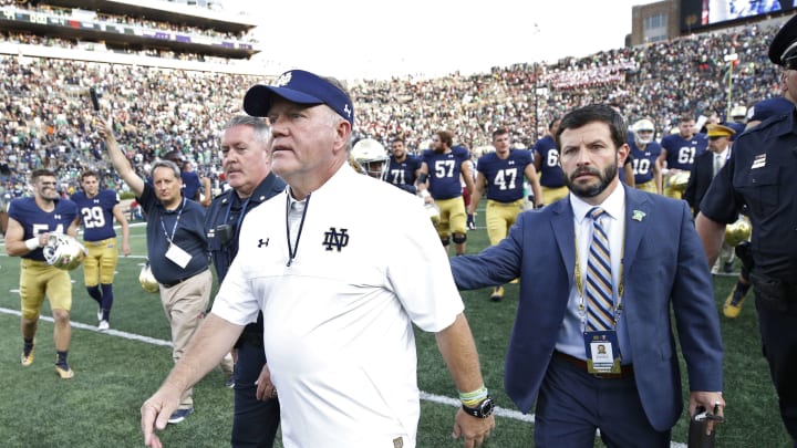 SOUTH BEND, IN – SEPTEMBER 02: Head coach Brian Kelly of the Notre Dame Fighting Irish leaves the field after a game against the Temple Owls at Notre Dame Stadium on September 2, 2017 in South Bend, Indiana. The Irish won 49-16. (Photo by Joe Robbins/Getty Images)