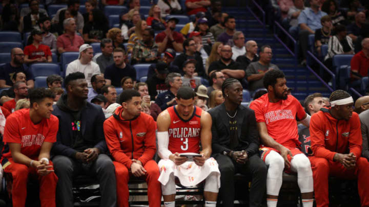 NEW ORLEANS, LOUISIANA - JANUARY 16: Zion Williamson #1 of the New Orleans Pelicans sits on the bench during the game against the Utah Jazz at Smoothie King Center on January 16, 2020 in New Orleans, Louisiana. NOTE TO USER: User expressly acknowledges and agrees that, by downloading and/or using this photograph, user is consenting to the terms and conditions of the Getty Images License Agreement. (Photo by Chris Graythen/Getty Images)