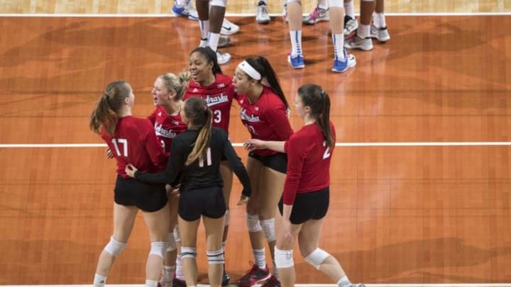 KANSAS CITY, MO - DECEMBER 16: The University of Nebraska celebrates a point against the University of Florida during the Division I Women's Volleyball Championship held at Sprint Center on December 16, 2017 in Kansas City, Missouri. Nebraska defeated Florida 3-1 for the national title. (Photo by Jamie Schwaberow/NCAA Photos via Getty Images)