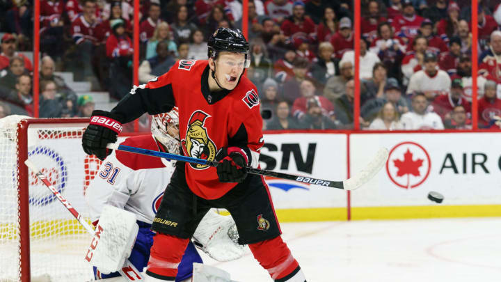 OTTAWA, ON – FEBRUARY 22: Brady Tkachuk #7 of the Ottawa Senators attempts to tip the puck in front of Carey Price #31 of the Montreal Canadiens in the second periodmat Canadian Tire Centre on February 22, 2020 in Ottawa, Ontario, Canada. (Photo by Jana Chytilova/Freestyle Photography/Getty Images)