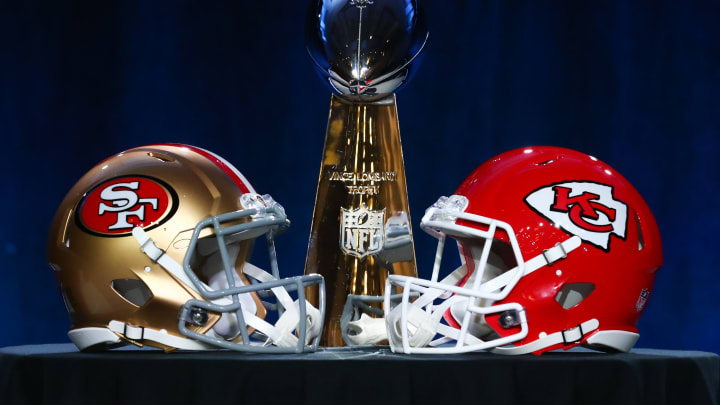The Vince Lombardi Trophy and San Francisco 49ers helmet and a Kansas City Chiefs helmet (Photo by Rich Graessle/PPI/Icon Sportswire via Getty Images)