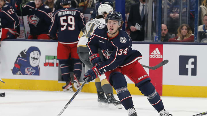 Nov 28, 2022; Columbus, Ohio, USA; Columbus Blue Jackets center Cole Sillinger (34) carries the puck against the Vegas Golden Knights during the first period at Nationwide Arena. Mandatory Credit: Russell LaBounty-USA TODAY Sports