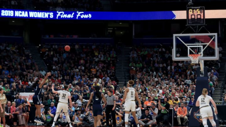 TAMPA, FLORIDA - APRIL 05: Megan Walker #3 of the UConn Huskies attempts a shot against the Notre Dame Fighting Irish during the first quarter in the semifinals of the 2019 NCAA Women's Final Four at Amalie Arena on April 05, 2019 in Tampa, Florida. (Photo by Mike Ehrmann/Getty Images)