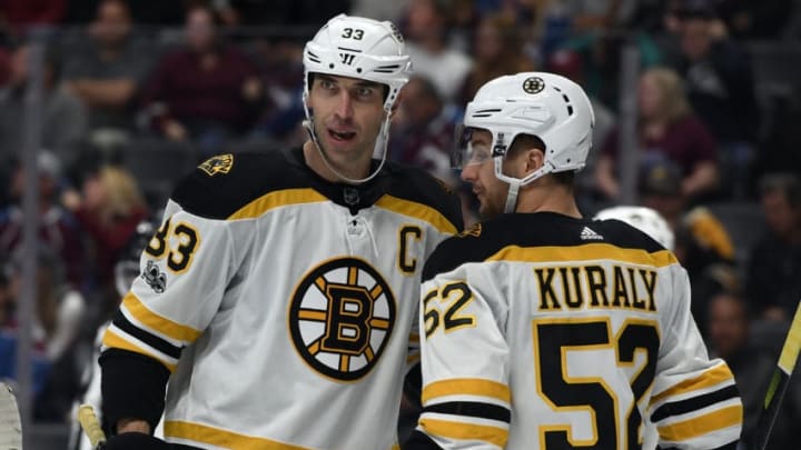 DENVER, CO - OCTOBER 11: Boston Bruins defenseman Zdeno Chara (33) talks with Boston Bruins center Sean Kuraly (52) during the third period October 11, 2017 in Denver, Colorado at Pepsi Center. (Photo by John Leyba/The Denver Post via Getty Images)