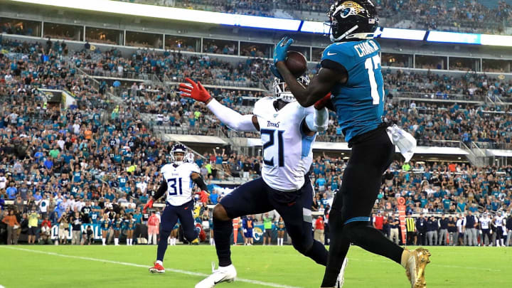JACKSONVILLE, FLORIDA – SEPTEMBER 19: Wide receiver D.J. Chark #17 of the Jacksonville Jaguars scores a touchdown in the first quarter over Malcolm Butler #21 of the Tennessee Titans during the game at TIAA Bank Field on September 19, 2019 in Jacksonville, Florida. (Photo by Mike Ehrmann/Getty Images)
